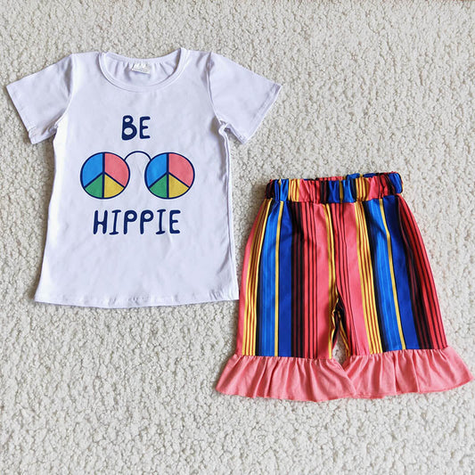 promotion RTS D2-27 Be Hippie Pink Striped Girls Short Sleeve Shorts Outfits