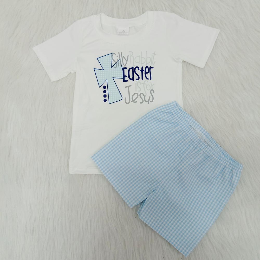 promotion RTS C4-3 Easter Cross Jesus Blue Plaid Boys Short Sleeve Shorts Outfits