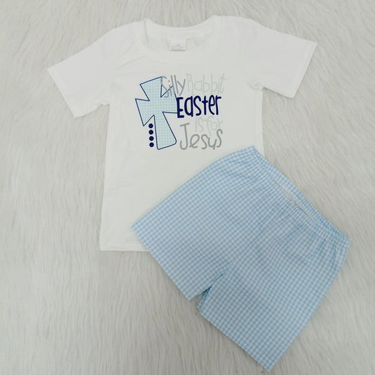 promotion RTS C4-3 Easter Cross Jesus Blue Plaid Boys Short Sleeve Shorts Outfits