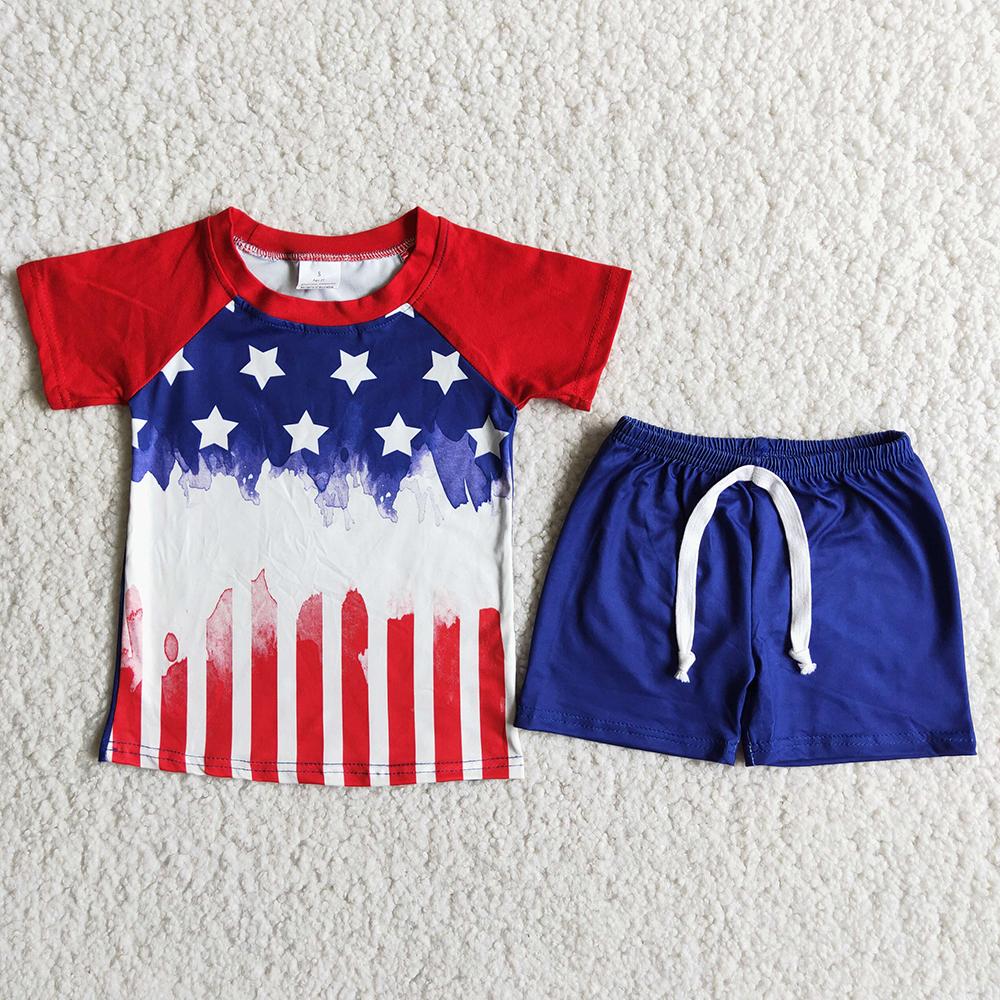 D9-14 4th Of July Red Blue Star Boys Short Sleeve Shorts Outfits