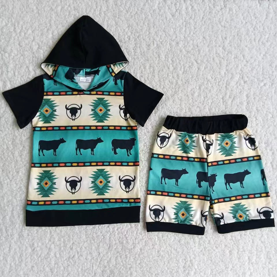 promotion RTS B4-1 Heifer Green Hoodies Boys Short Sleeve Shorts Outfit