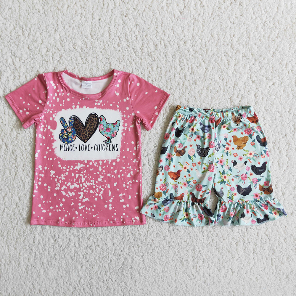 promotion RTS D10-14 Peace Love Chickens Pink Bleach Girls Short Sleeve Shorts Outfits