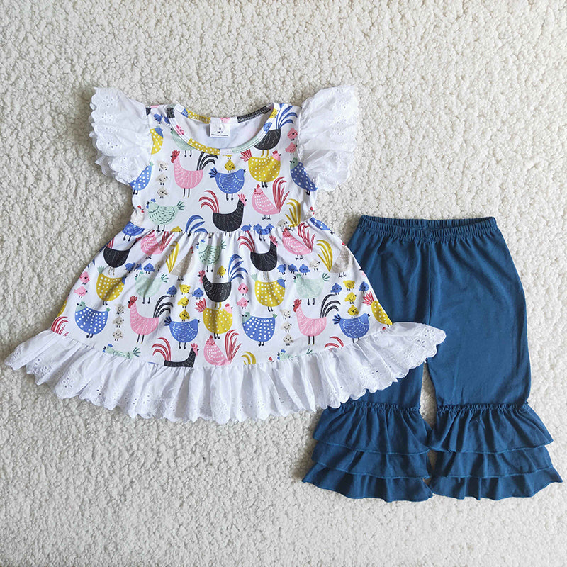 Chick Print Flutter Sleeve Navy Pants Girls Set