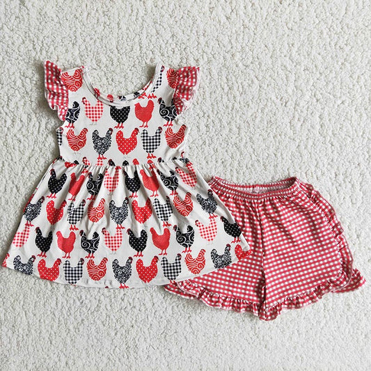 Chicken Print Summer Farm Baby Girls Outfits