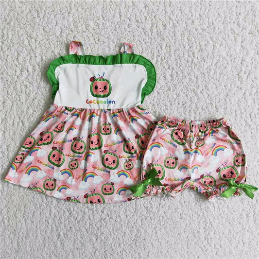 promotion RTS D10-3 Green Pink Cartoon Girls Sleeveless Shorts Outfits