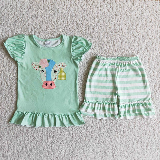 promotion RTS B9-1 Green Cow Striped Print Short Girls Summer Set
