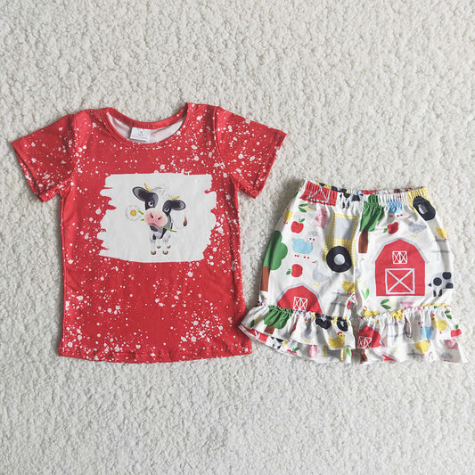 promotion RTS C15-5 Cow Red Bleach Design Farm Print Girls Outfits