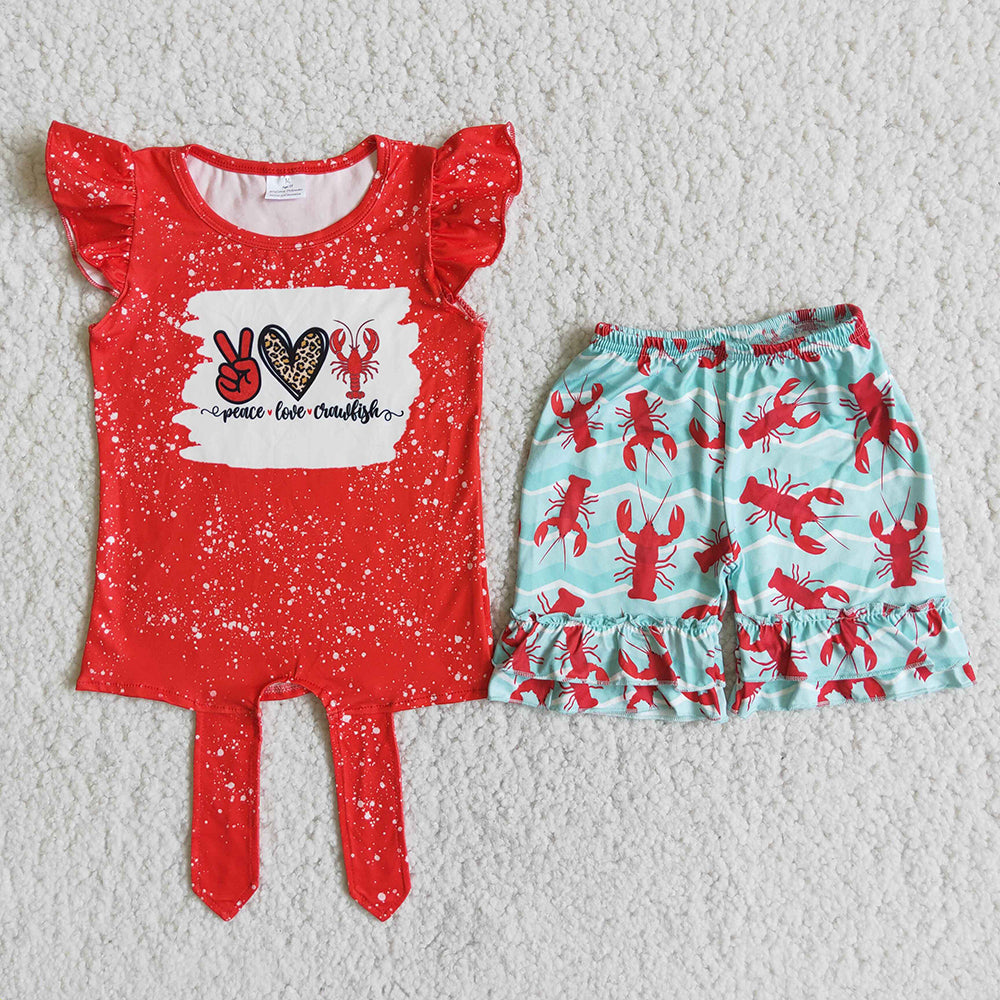 promotion RTS D12-13 Peace Love Lobster Crawfish Red Bleach Girls Short Sleeve Shorts Outfits