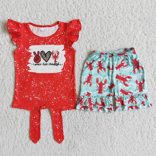 promotion RTS D12-13 Peace Love Lobster Crawfish Red Bleach Girls Short Sleeve Shorts Outfits