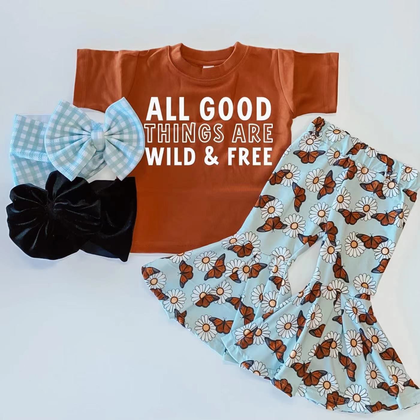 promotion RTS E7-28 Floral Butterfly All Good Things Are Wild & Free With Bow 3pcs Girls Short Sleeve Bell Bottom Pants Outfits