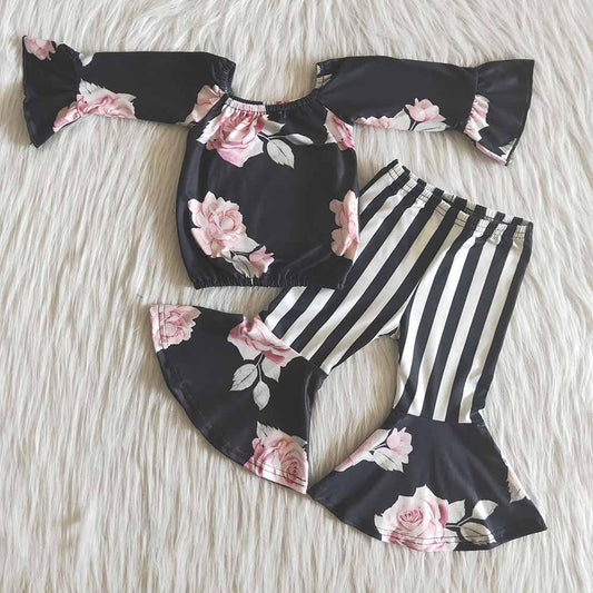Floral Print Off Shoulder Striped Print Kids Set