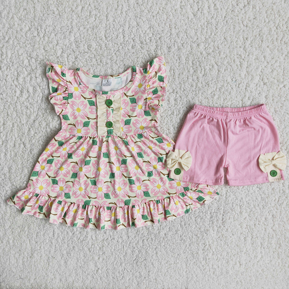 promotion RTS C16-19 Flower Flutter Sleeve Summer Match Pink Girls Outfits