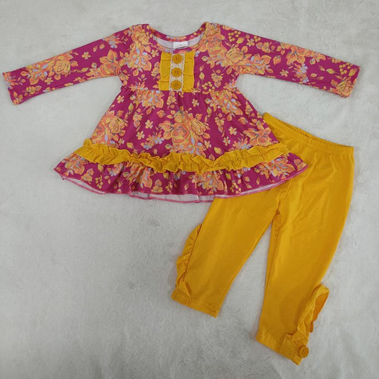 Floral Print Yellow Pants Girls Set