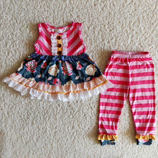Pink Striped Print Sleeveless Floral Print Girls Outfits