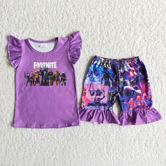 Promotion RTS D11-28 Summer Girls Flutter Purple Sleeve Cartoon Kids Outfits