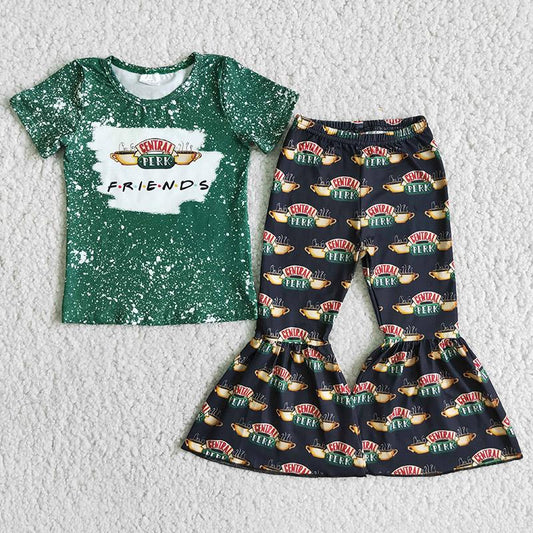 Green Bleach Design Coffee Short Sleeve Outfits