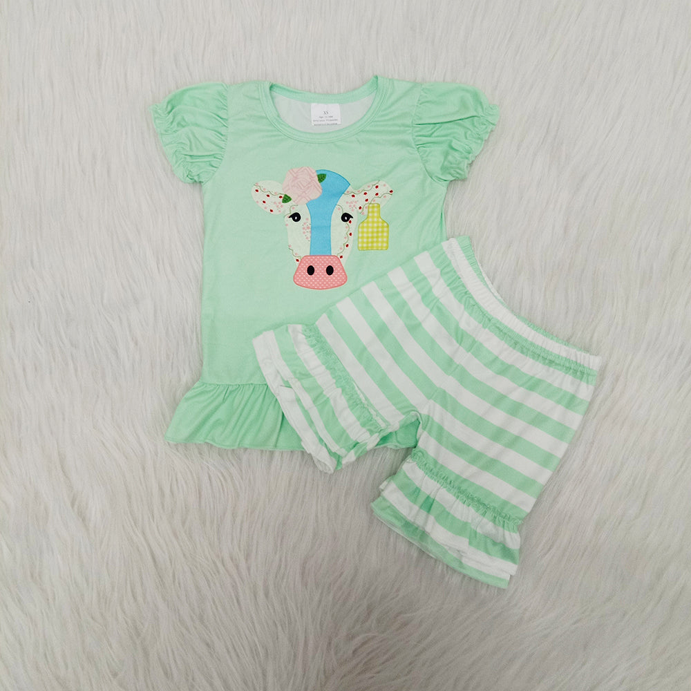 Cow Green Striped Print Girls Summer Outfits