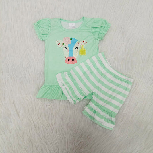 Cow Green Striped Print Girls Summer Outfits