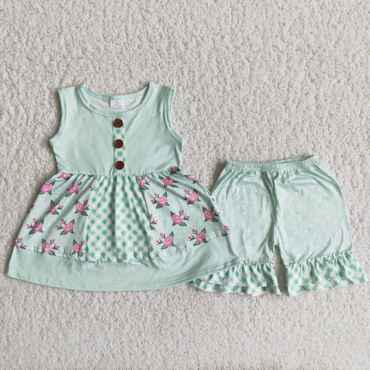 Green Sleeveless Girls Floral Print Kids Summer Outfits