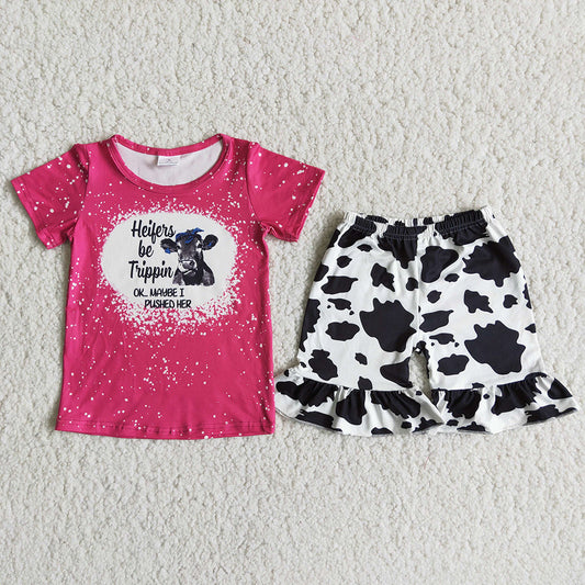 promotion RTS D12-19 Hot Pink Bleach Design Heifer Cow Girls Short Sleeve Shorts Outfits