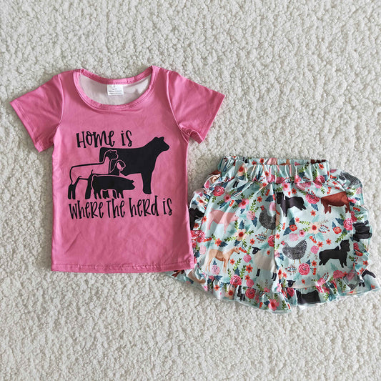 promotion RTS B5-22 Home Is Where The Herd Is Floral Girls Short Sleeve Shorts Outfits