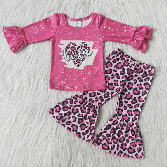 Clearance 6 B9-25 Pink Leopard Print Valentine Love Girls Long Sleeve Bell Bottom Pants Outfits