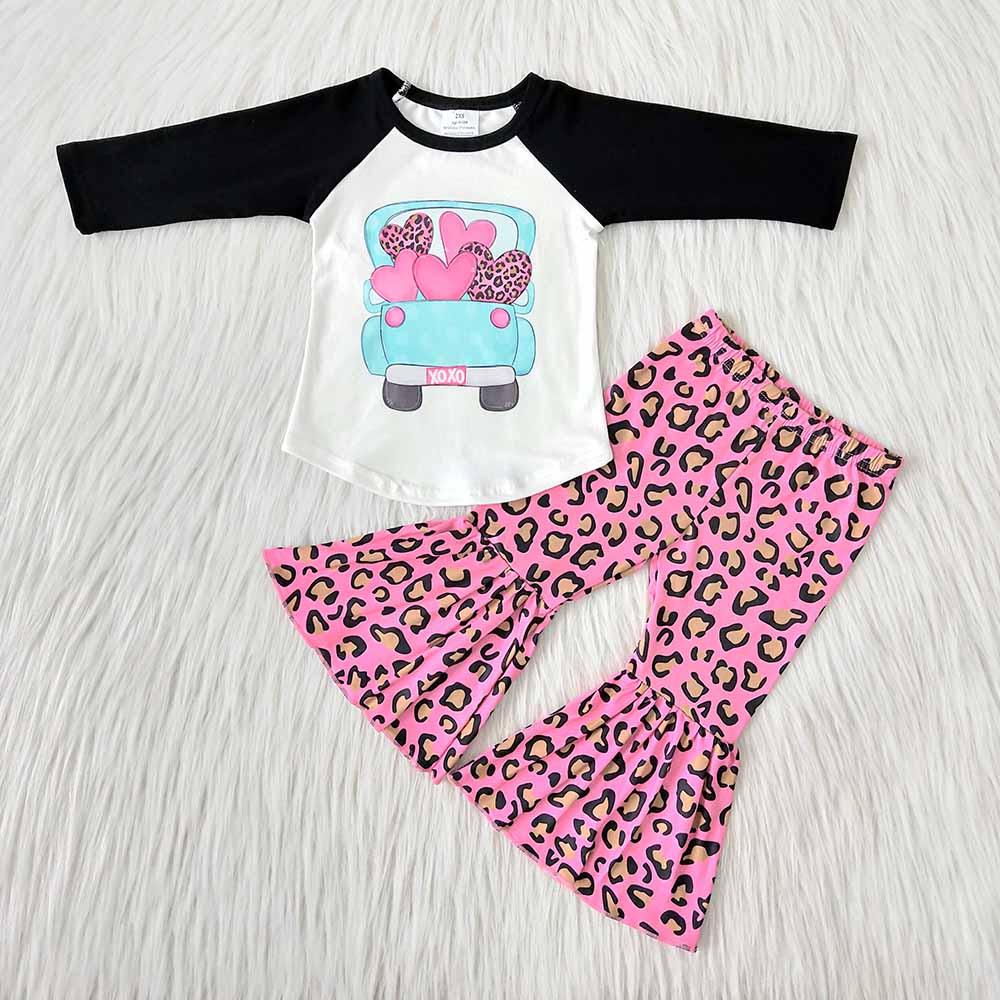 6 B7-24 Happy Valentine Pink Leopard Girls Long Sleeve Bell Bottom Pants Outfits