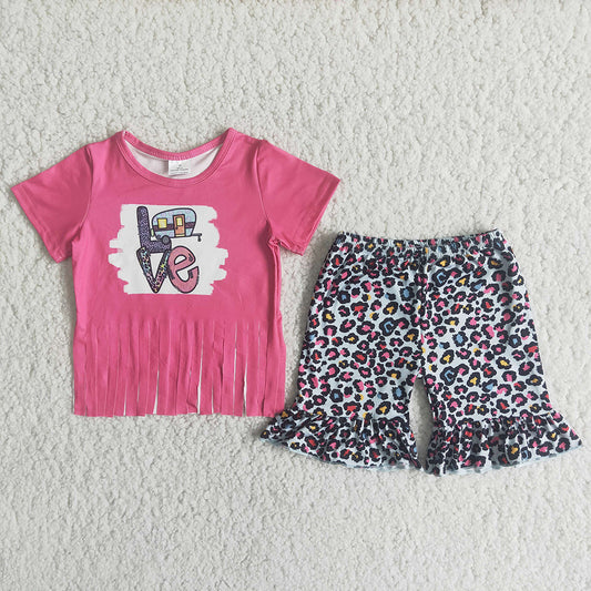 promotion RTS D12-30 Hot Pink Love Tassels Leopard Print Girls Outfits