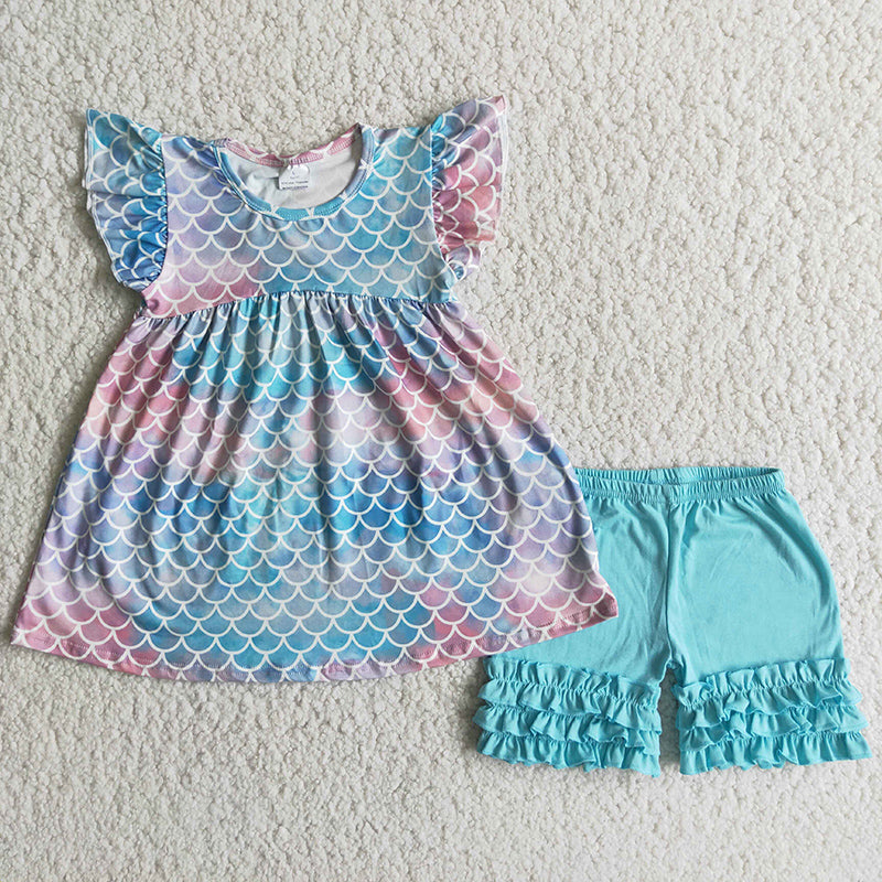 promotion RTS D6-26 Flutter Sleeve Fish Summer Blue Shorts Girls Set