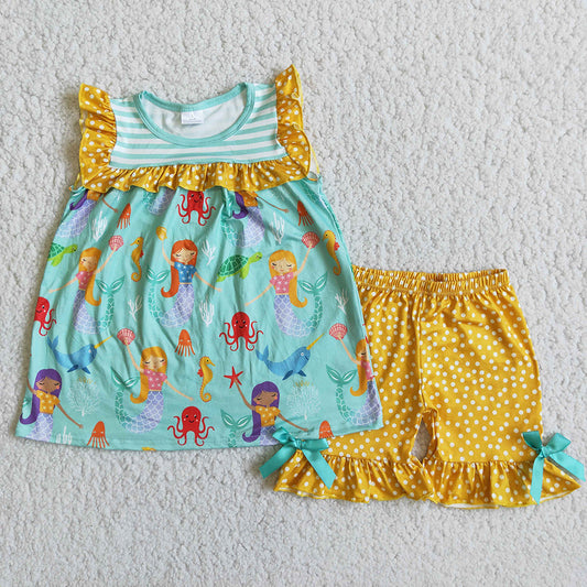 promotion RTS D9-11 Yellow Mermaid Print Summer Girls Short Sleeve Shorts Outfits