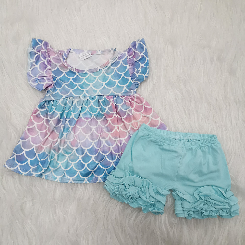 promotion RTS D6-26 Flutter Sleeve Fish Summer Blue Shorts Girls Set