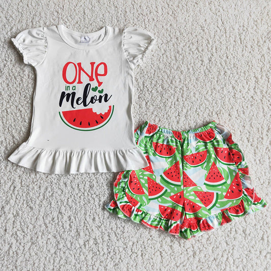 promotion RTS A5-22 One Melon Watermelon Red Green Summer Girls Short Sleeve Shorts Outfits