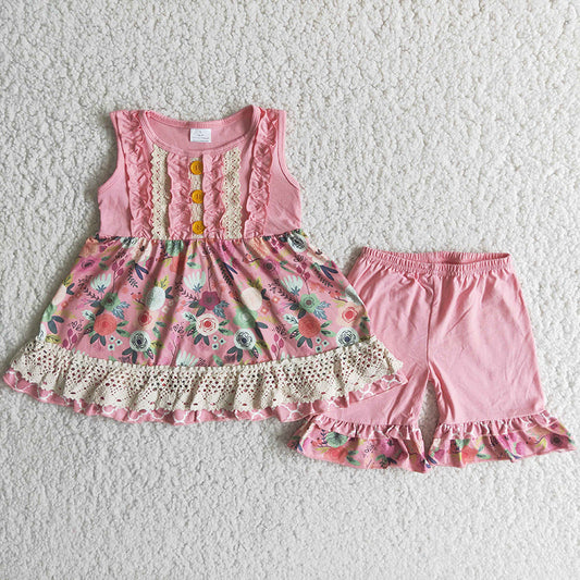 promotion RTS C2-3 Pink Floral Lace Girls Sleeveless Shorts Outfits