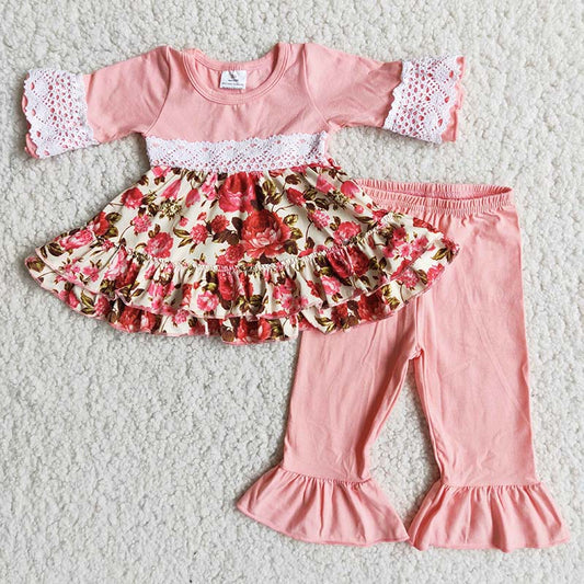 Lace Pink Floral Print Solid Color Baby Girls Outfits