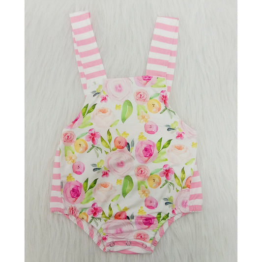 Pink Striped Print Red Floral Print Girls Romper