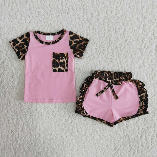 C1-21 Pink Leopard Print Pocket Summer Short Sleeve Shorts Outfits