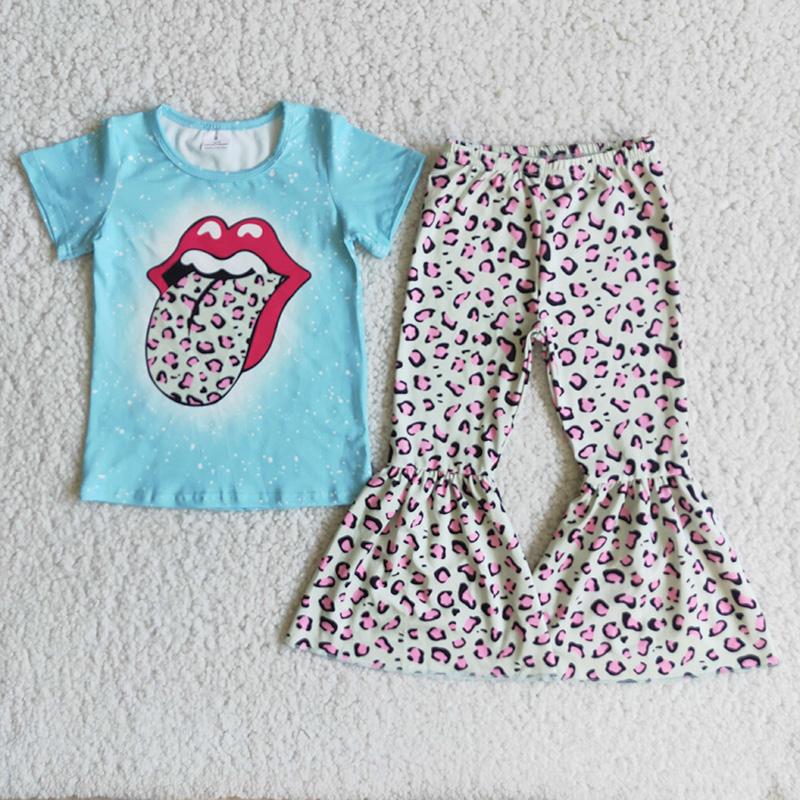 Blue Bleach Design Short Sleeve Leopard Print Pants Set