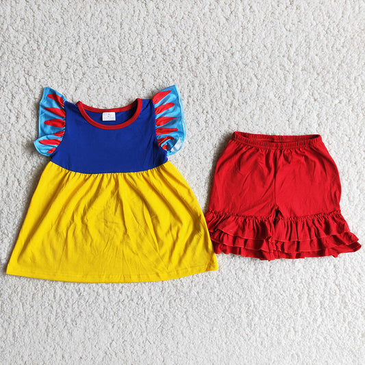promotion RTS C8-23 Yellow Red Princess Cartoon Girls Flutter Sleeve Shorts Outfits