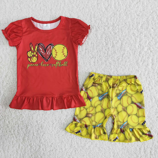 promotion RTS B4-24 Peace Love Softball Baseball Red Yellow Girls Short Sleeve Shorts Outfits