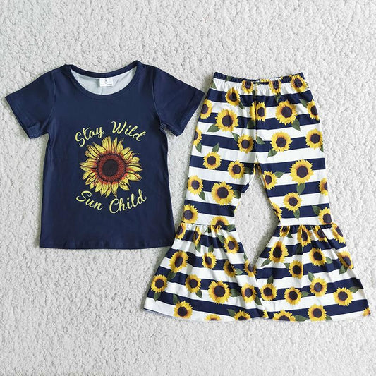 Promotion RTS A2-3 Stay Wild Sun Child Sunflower Girls Short Sleeve Bell Bottom Pants Outfits