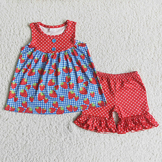 promotion RTS D6-17 Strawberry Print Girls Dots Print Outfits
