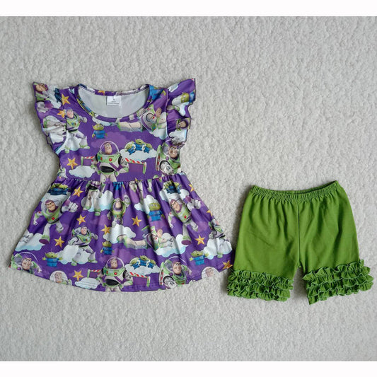 B18-2 Purple Cartoon Toy Green Girls Short Sleeve Shorts Outfits