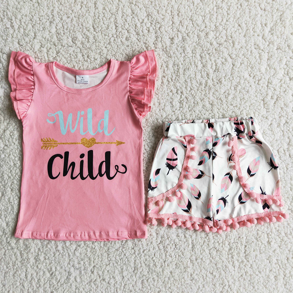 promotion RTS D8-11 Wild Child Hot Pink Summer Bombom Girls Short Sleeve Shorts Outfits