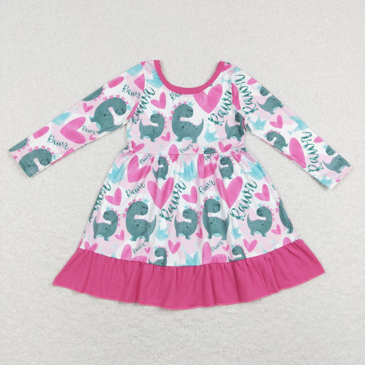 GLD0491 Valentine Love Blue Pink Dinosaur  Girls Long Sleeve Dresses