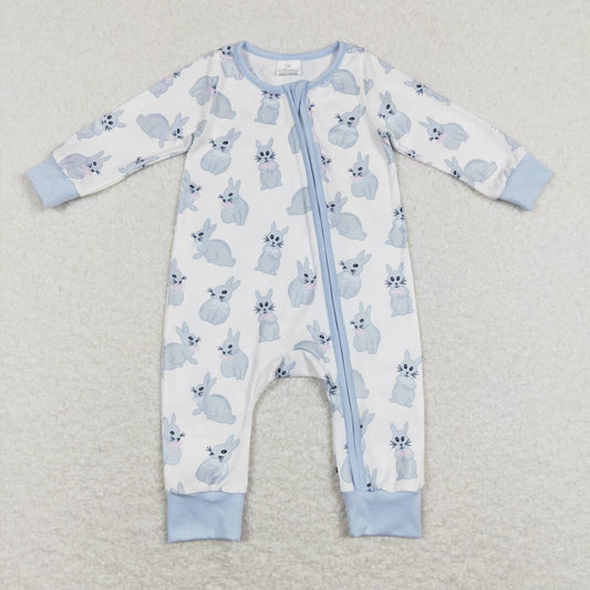 LR0837  Easter Rabbit Blue Zipper Boys Long Sleeve Romper