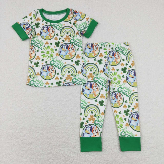 BSPO0251 St. Patrick  Green Lucky Clover Blue Dog Cartoon Boys Short Sleeve Bell Bottom Pants Outfits Pajamas