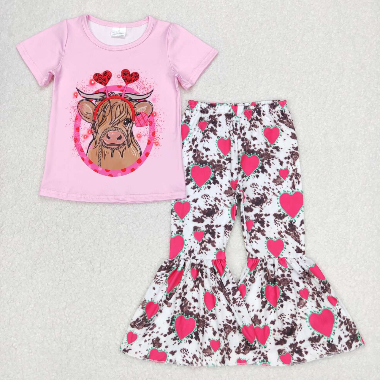 GSPO0416 Valentine Pink Love Cow Girls Short Sleeve Bell Bottom Pants Outfits