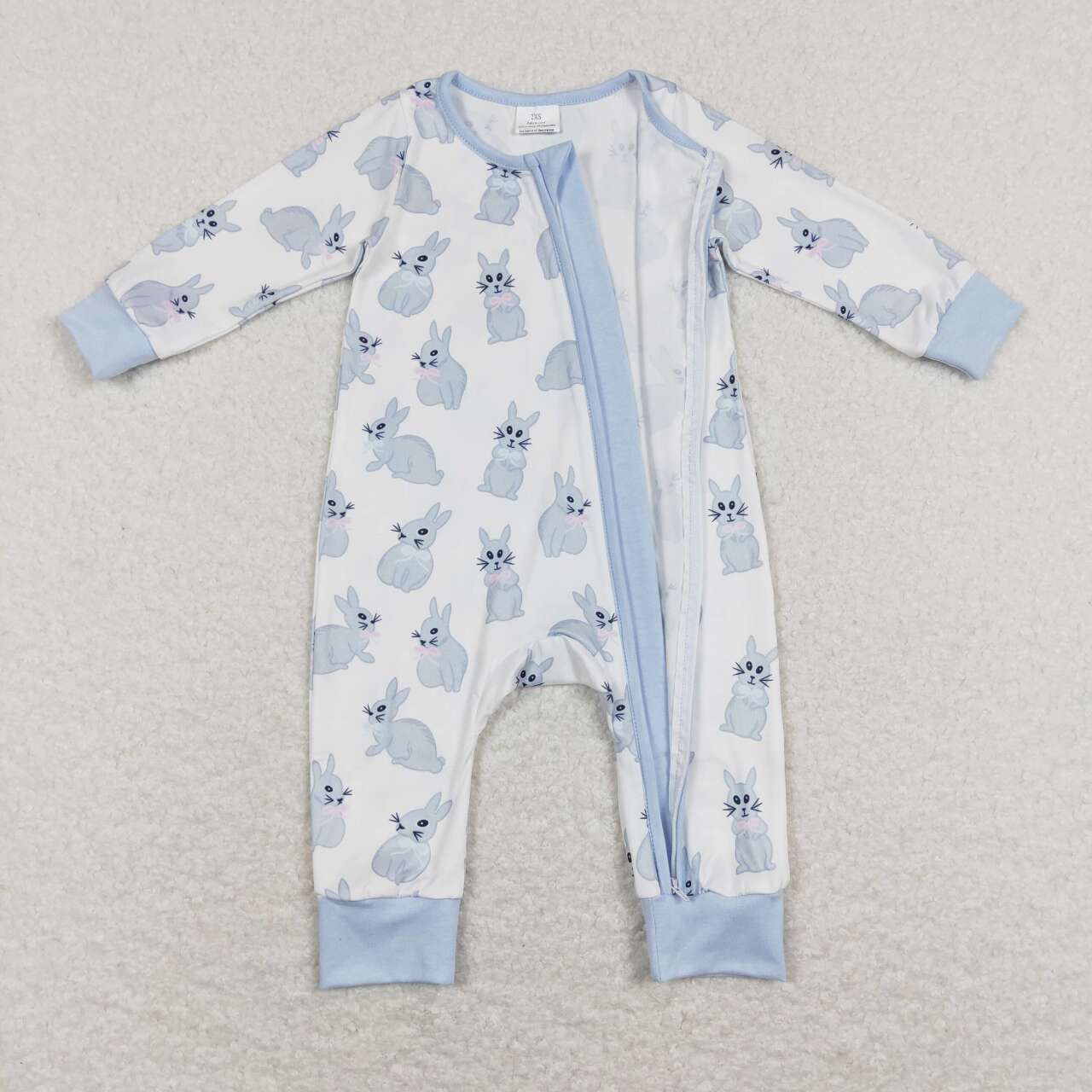 LR0837  Easter Rabbit Blue Zipper Boys Long Sleeve Romper