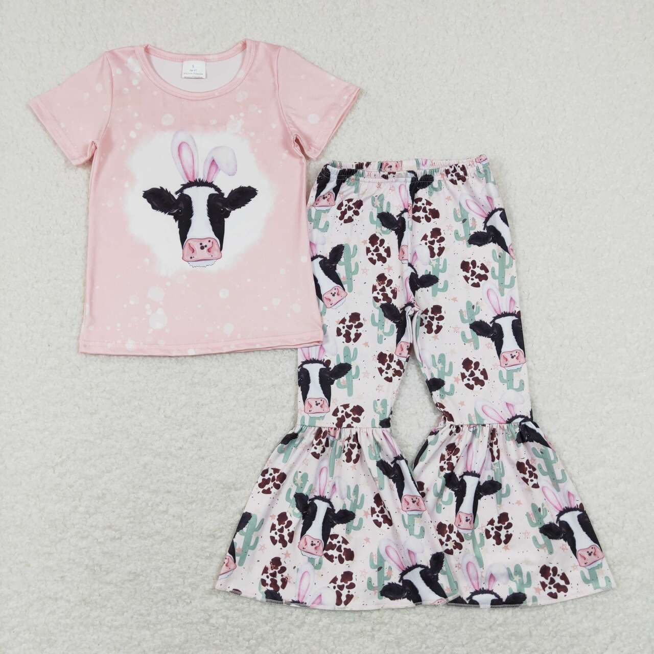 GSPO1152 Easter Pink Rabbit Cow  Girls Short Sleeve Bell Bottom Pants Outfits