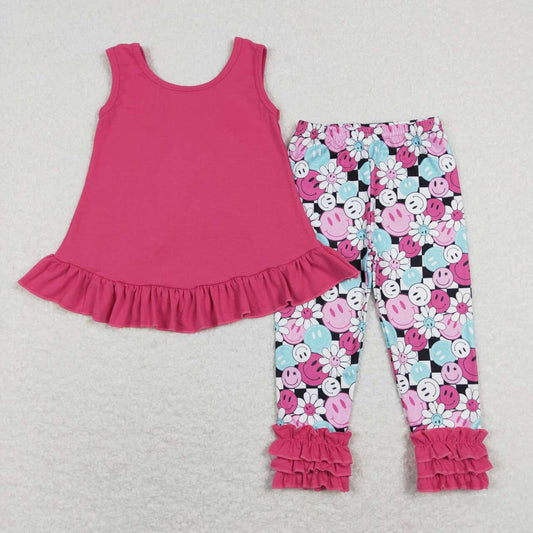 GSPO1098 Pink Floral Smile Bow Girls Sleeveless Bell Bottom Pants Outfits